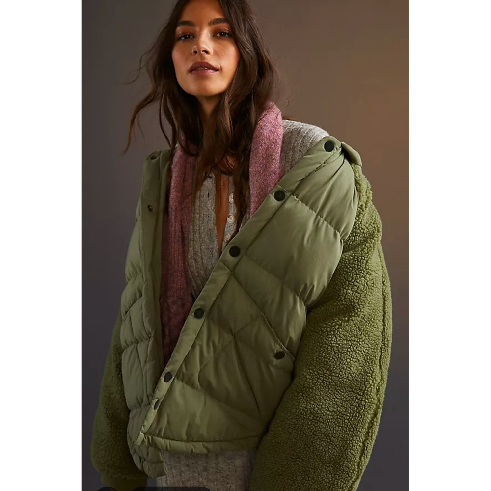 Pilcro Mixed Media Puffer Jacket Women XS Olive Green Sherpa Sleeve Hooded Coat - Picture 12 of 12